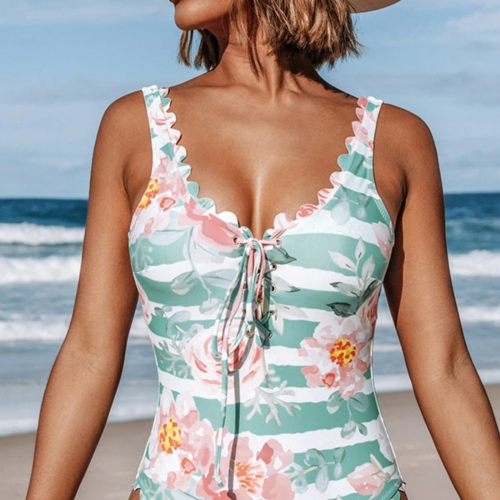 Cupshe Floral/Striped Scalloped One Piece Swimsuit